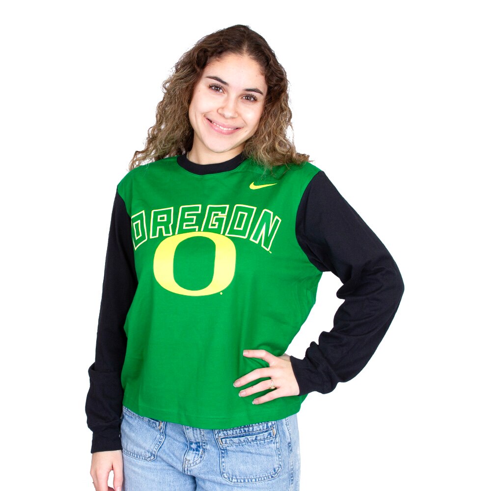 Classic Oregon O, Nike, Green, Long Sleeve, Cotton, Women, Boxy, T-Shirt, 813952